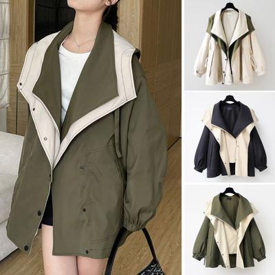 Women Windbreaker Hooded Patchwork Colorblock Zipper And Button Closure Long Sleeves Tight Waist Loose Coat Cargo Style Outdoor Jacket