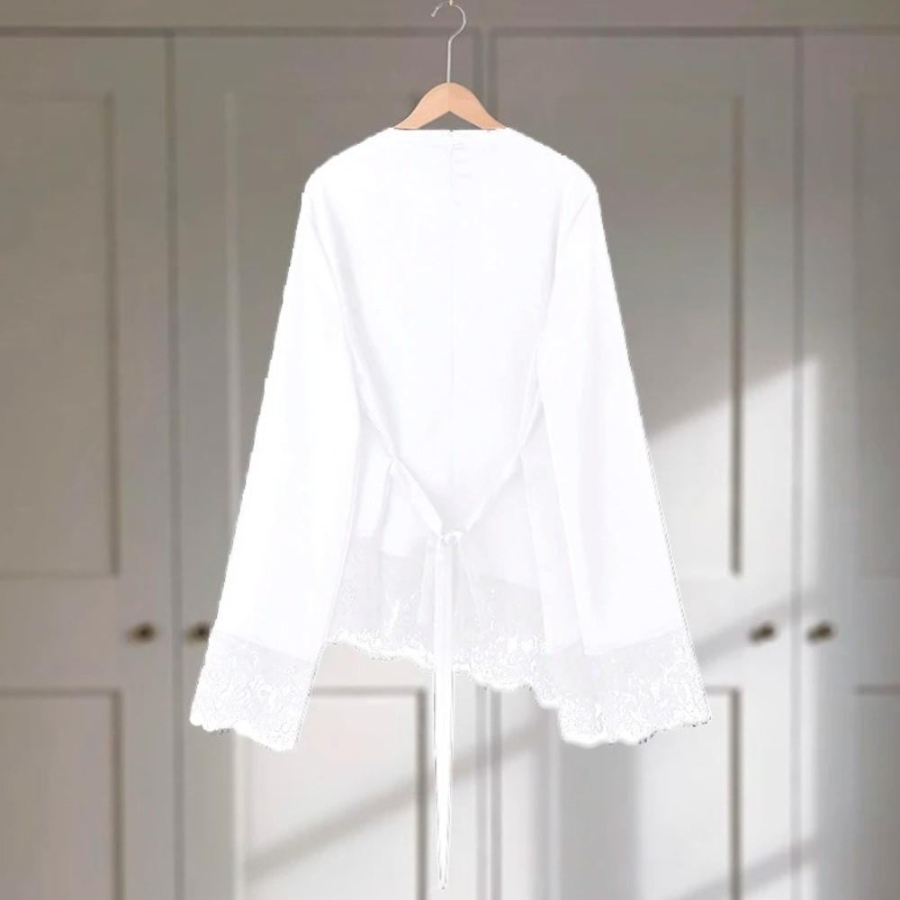Satin Lace Patchwork Long Shirt Round Neck Slim Belted Blouse Women's Lace-up Tops  Office Ladies
