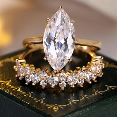 2 Pcs/set Golden Color Marquise Cut White Stone Ring Set Wedding Band Valentine's Day Jewelry