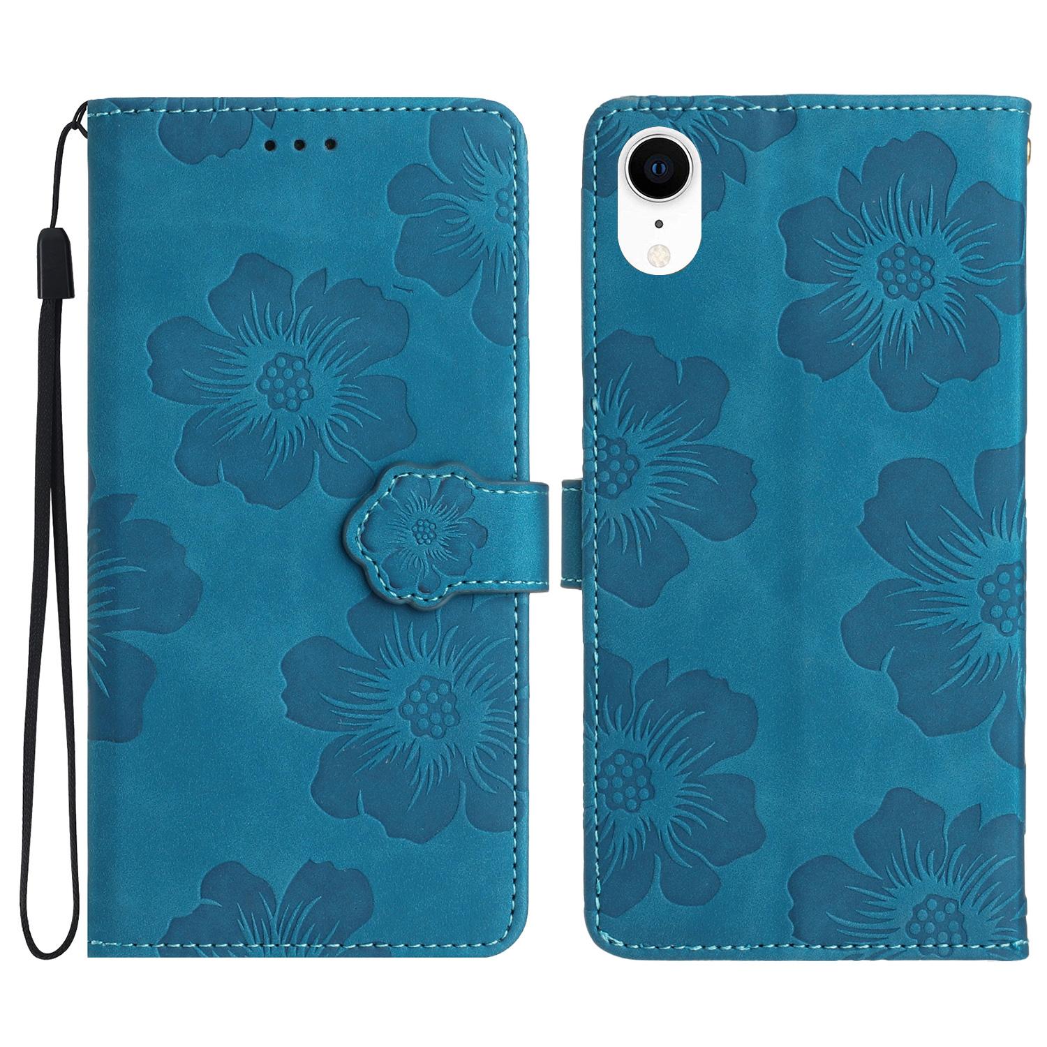 

For iPhone XR 6.1 inch Flowers Pattern Anti-drop Phone Case PU Leather Stand Wallet Cover Blue