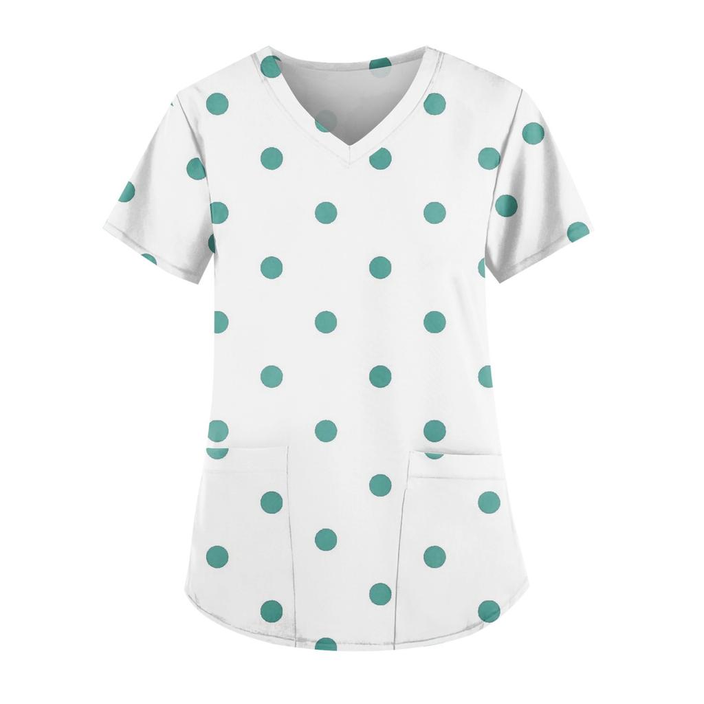 Plus Size Printed Scrub Working Uniform Tops For Women's V-Neck Short Sleeve Fun T-Shirts Workwear Tee With Pockets
