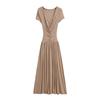 2026 Spring European & American Style Women's Lace Patchwork Waist-Cinching Long Dress with Short Sleeves