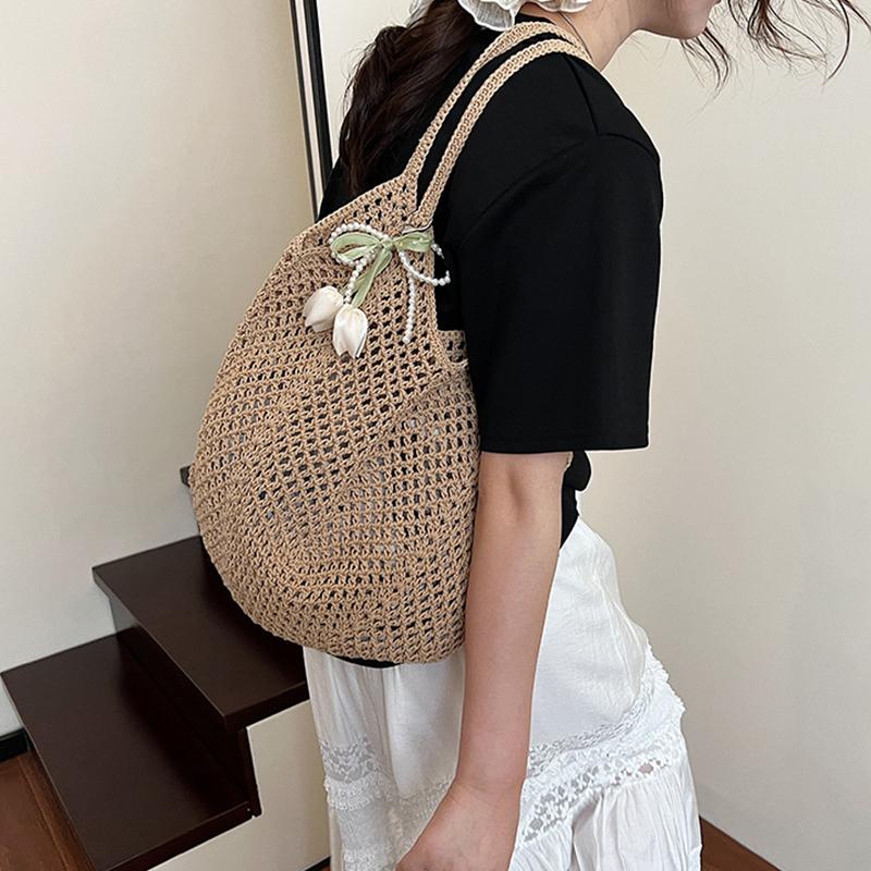Summer Beach Woven Tote Bag For Women Hollow-out Lightweight Large Capacity Shopper Shoulder Bag