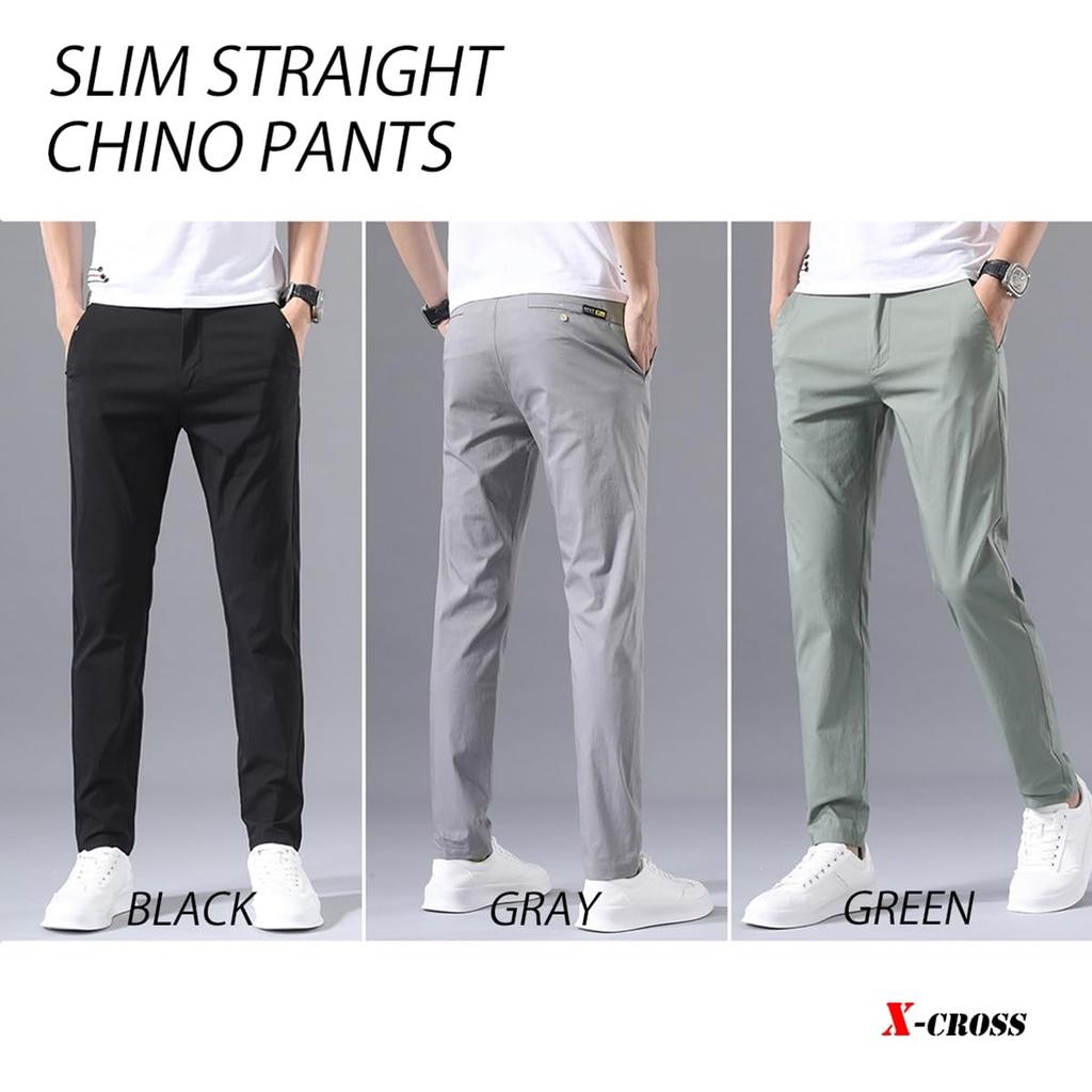 X-cross Men's Stretch Chino Pants, Slim Fit, Golf, Skinny Fit, Pre-hemmed, Plus Sizes, Black, Elastic, Work, Chino Pants, No-Tuck, Long Pants, Easy Fi