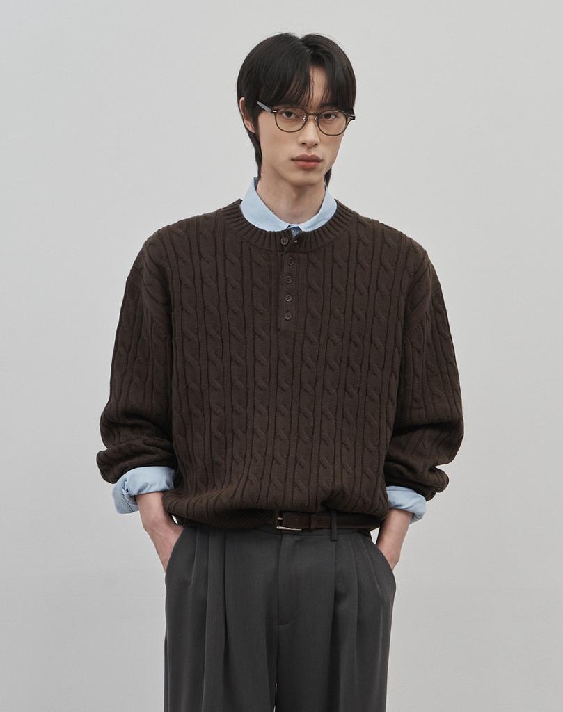 WORK ON BODY OFF Koren Semi-Overfit Cable Henley Neck Knit [Brown]