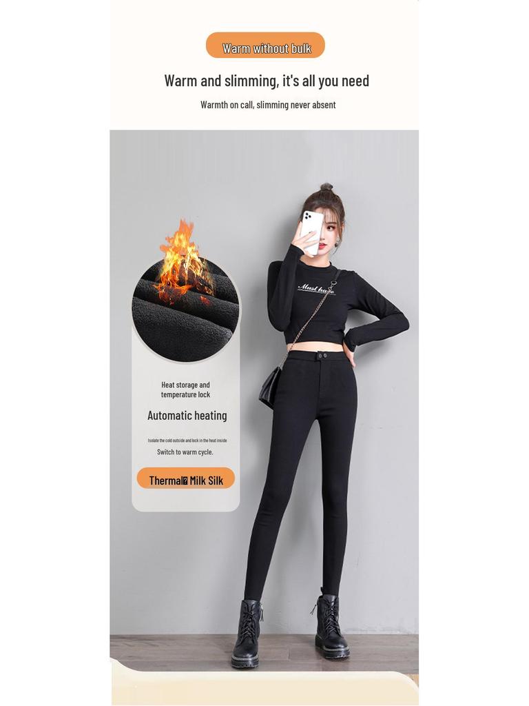 Hohe Taille Schwarze Fleece-gefütterte Koreanische Katzen-Leggings für Damen - Dehnbar, Skinny Fit Bleistifthosen