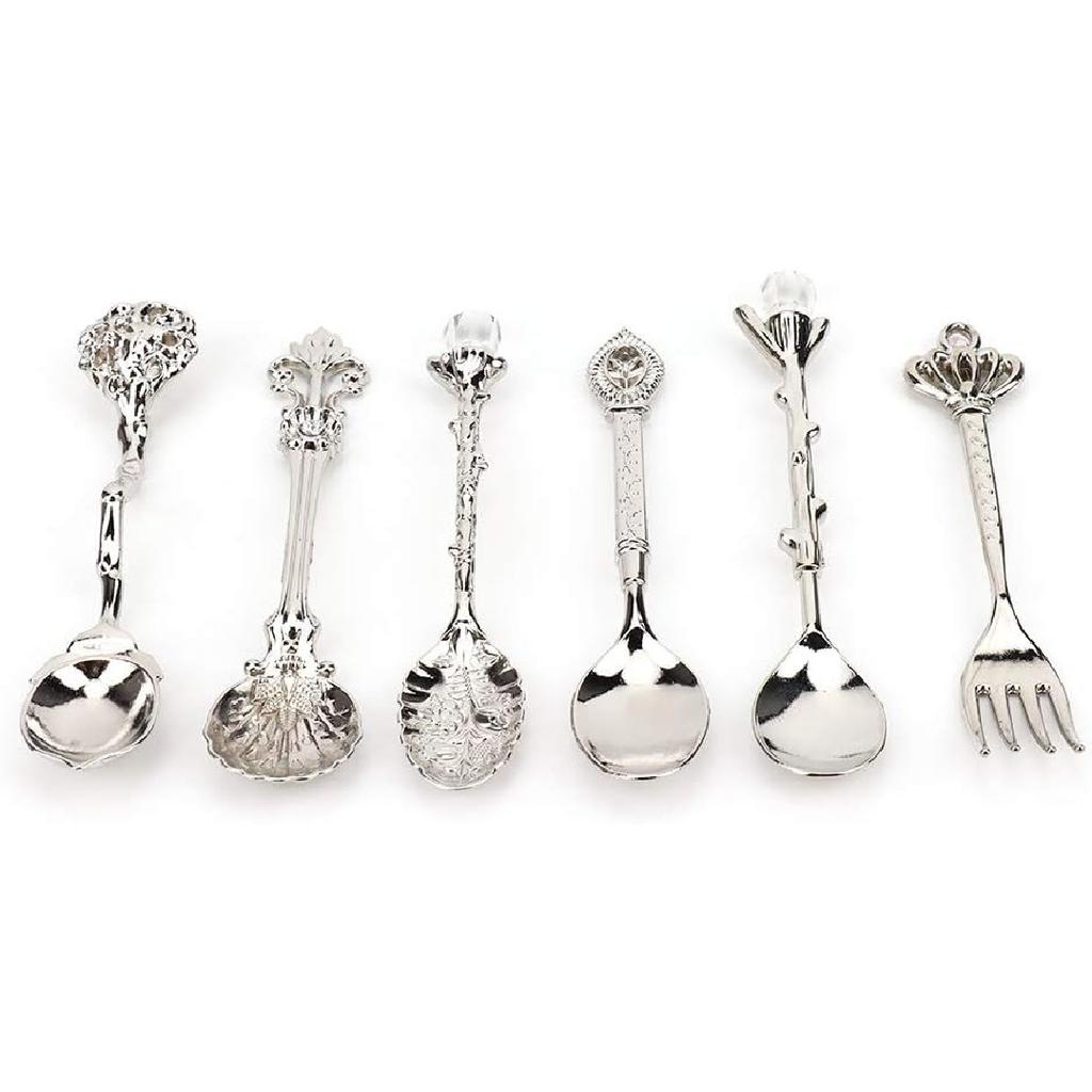 6PCS Vintage Coffee Spoons, Tea Fork Set, Zinc Crystal Mini Fancy Dessert Tableware for Home Office Party Coffee Bar