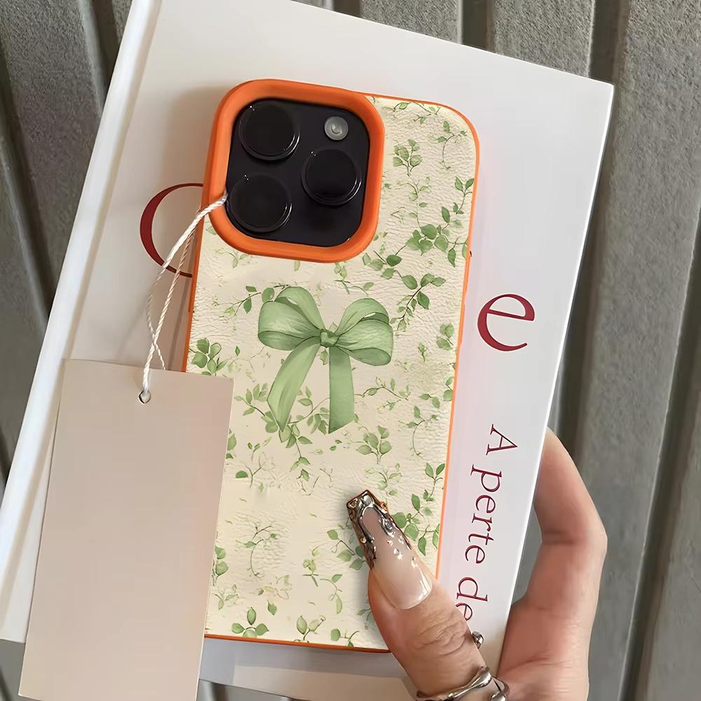 

Green Vine Bow Pattern Phone Case For iPhone 17 Pro Max 16 Plus 15 Pro 14 13 12 11 XR 17Air Lychee Textur Soft Cover iPhone XS Max