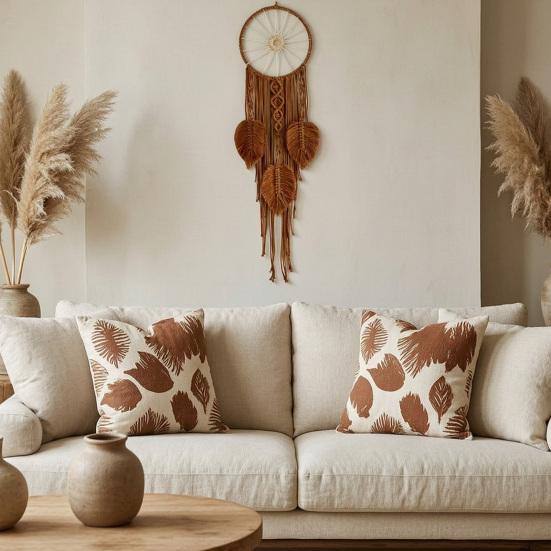 Large Boho Wall Hanging Leaves Tapestry Handmade Woven Tassels Leaf Wall Art for Bedroom Living Room Apartment Office Home Decor