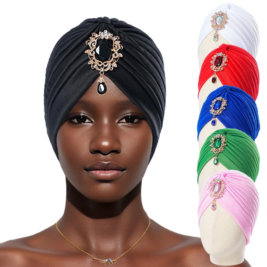 Muslim Fashion Women Elastic Alloy Drill Twist Knot Hat Chemo Cap Cancer Hat Islamic Femme Headscarf Indian Hat Headband Turban