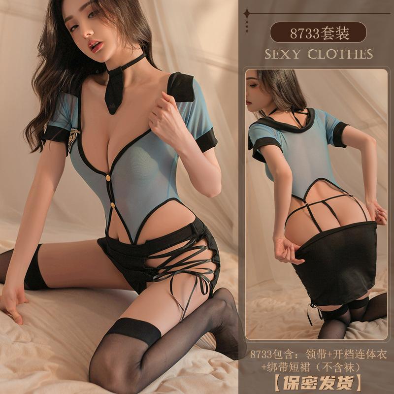 Erotic Underwear: Sexy Instructor Role-playing Policewoman Uniform, Seductive and Hot Hollowed-out Tie Set 8733