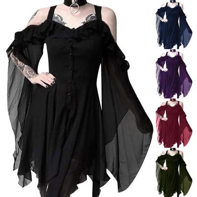 Women Plus Size Fashion Dew Shoulder Gothic Ruffled Sling Dress Irregular Dress(S-5XL)