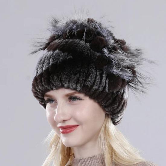 Brand Women Genuine Rex Rabbit Fur Hats Winter Rex Rabbit Fur Beanies Striped Top Flower Fox Fur Warm Real Fur Knit Caps