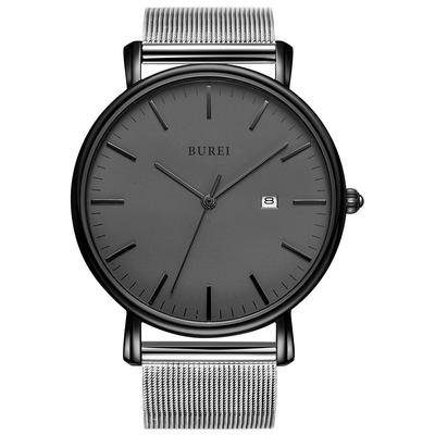 Watch Simple Waterproof Analog Popular Watch Brand Stylish Milanese Mesh Belt Gray Black Watch [BUREI] Men's Men's