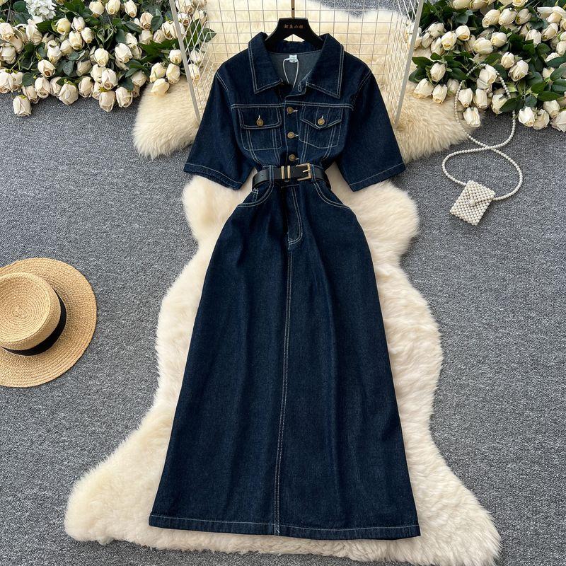 

Крутой стиль Лацкан Джинсовое платье Женское Лето Пояс Похудение Ретро Потертый Дизайн Высокого класса Красивое Длинное платье Dark Blue L