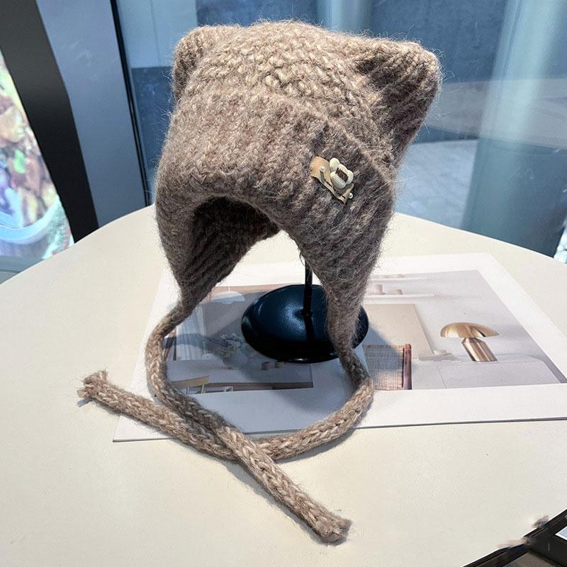 

New Fashion Women s Knitted Hat Warm Beanie with Cute Ears Decor Tie-strap Ear Protection Sweet Face Slimming Outdoor Knit Cap one size колір світло кави
