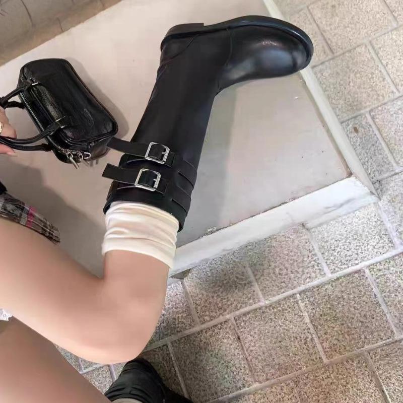 Metal Belt Buckle Low Heel Mid-Leg Boots Fashion Round Toe Soft Leather Autumn New High Knight Boots for Women