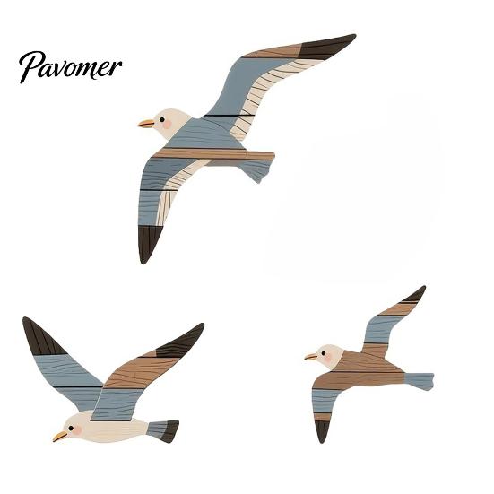 3D Wooden Bird Wall Hanging 3/4Pcs Seagull Decor, Nautical Coastal Theme Art, Natural Wood Texture Decor Adhesive Sculpture for Home Bedroom