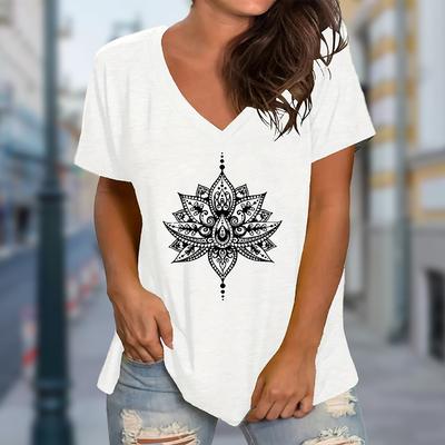 Blusas com Pintura de Padrão de Lótus Camisetas Casuais de Manga Curta com Decote em V