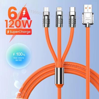 Cable Cargador Rápido USB 3 en 1 2 en 1 de 6A 120W Para iPhone 14 Micro USB Tipo-C Cable de Carga de 8 Pines Para Huawei Samsung Xiaomi Cable
