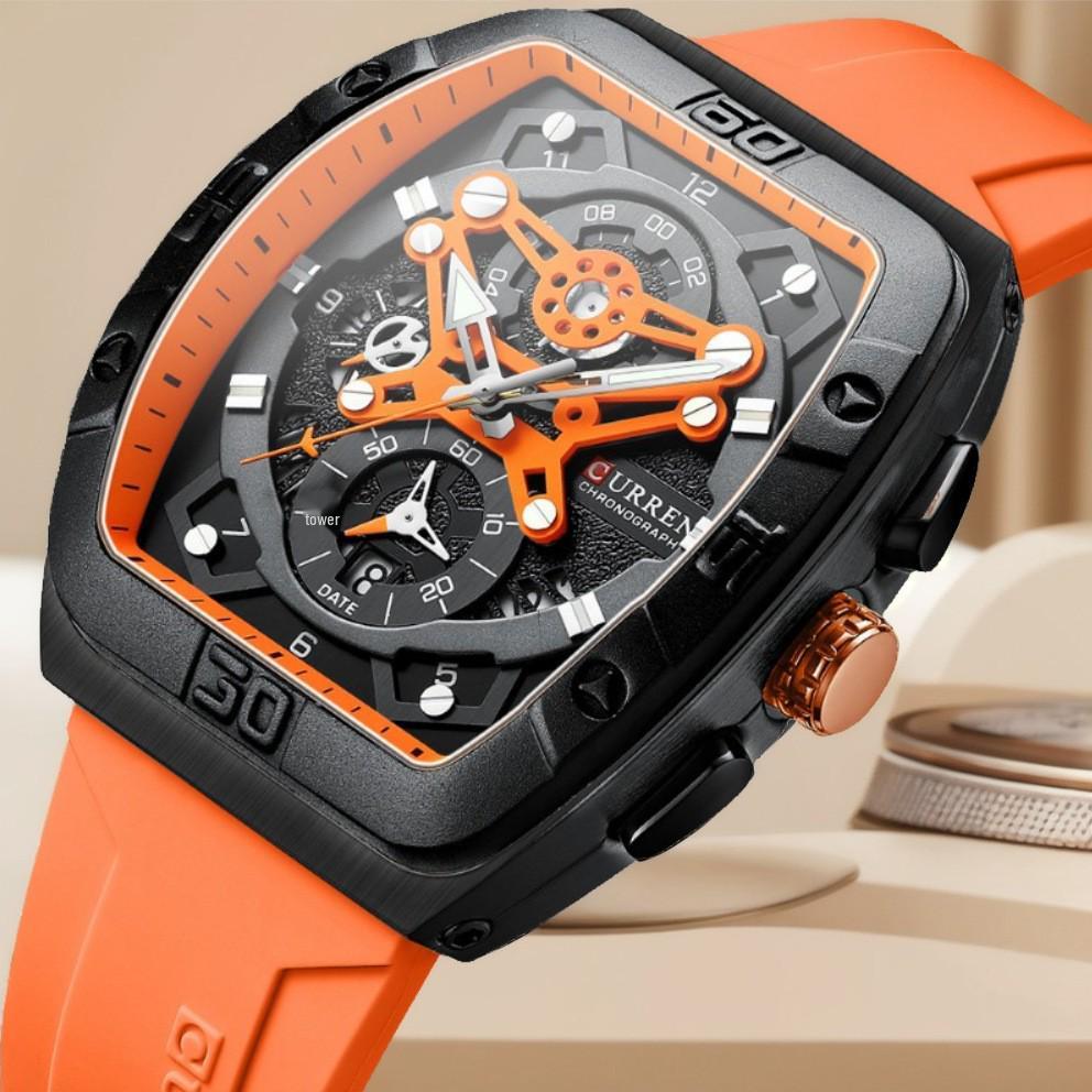 CURREN 8443 Wasserdichte Herren-Quarz-Multifunktionsuhr mit Sechs-Zeiger-Design und Tonnenform