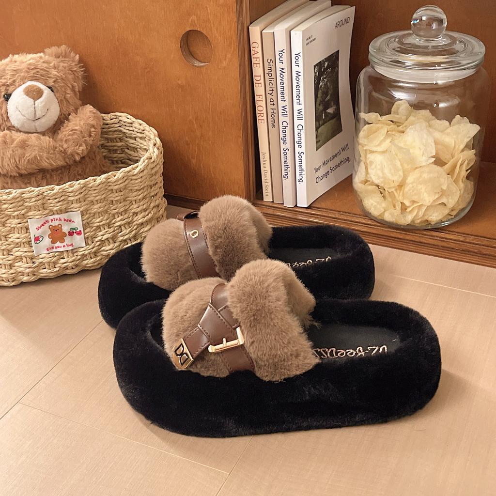Fashion Fluffy Slippers Women Wear Autumn and Winter New Style Belt Buckle Thick Bottom Heightening One-word Cotton Slippers