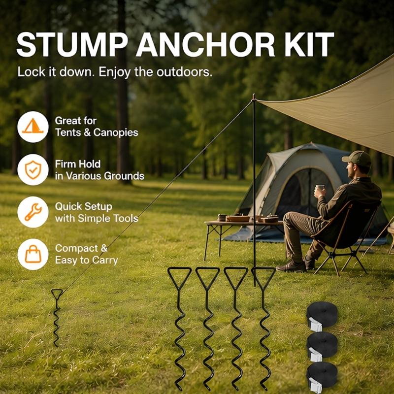 Tie Set for Tree Support, 4 Iron Loop Handle Stakes with 4 Adjustable Ties for Garden and Landscape Maintenance