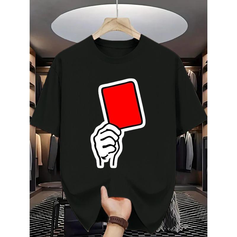 

European sizes Referee Gesture Print T-Shirt with Iconic Red Card Warning - Round Neck Casual Shirt Suitable for Soccer Fans, Sports Enthusiasts 4XL чорний