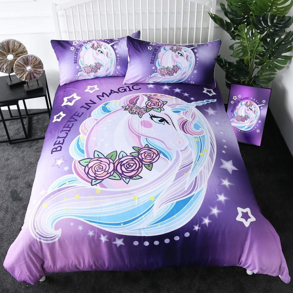 Unicorn Duvet Cover Set Purple Aqua Unicorn Bedding Set Full Size Rose Unicorn Flower Dreamy Cartoon Sparkle Lilac Bedspread