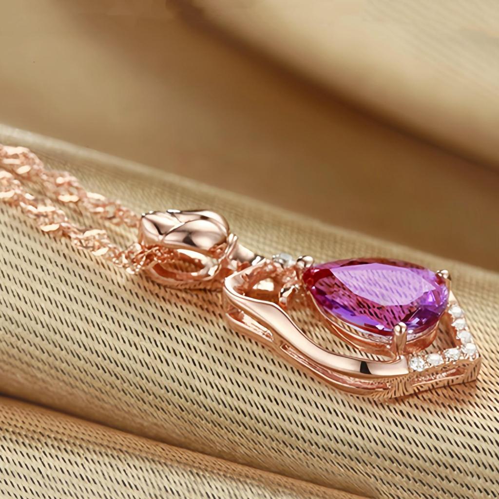 Amethyst Purple and Rose Diamond Pendant Women's Necklace - Short Clavicle Chain