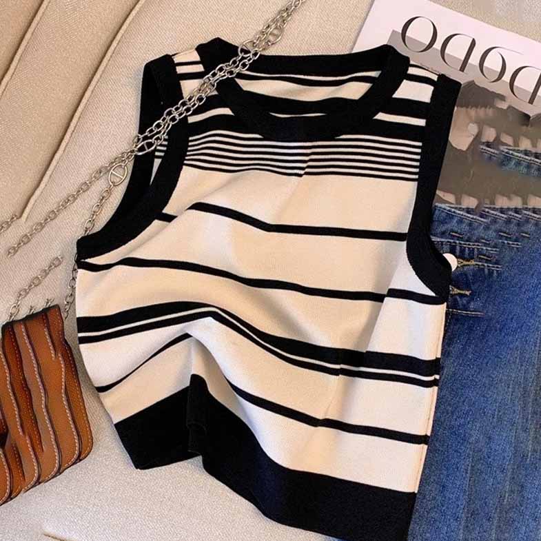 Women's Ice Silk Knit Hot Girl Camisole Summer Outer Wear Short Sleeveless T-shirt Sexy Stripe Top