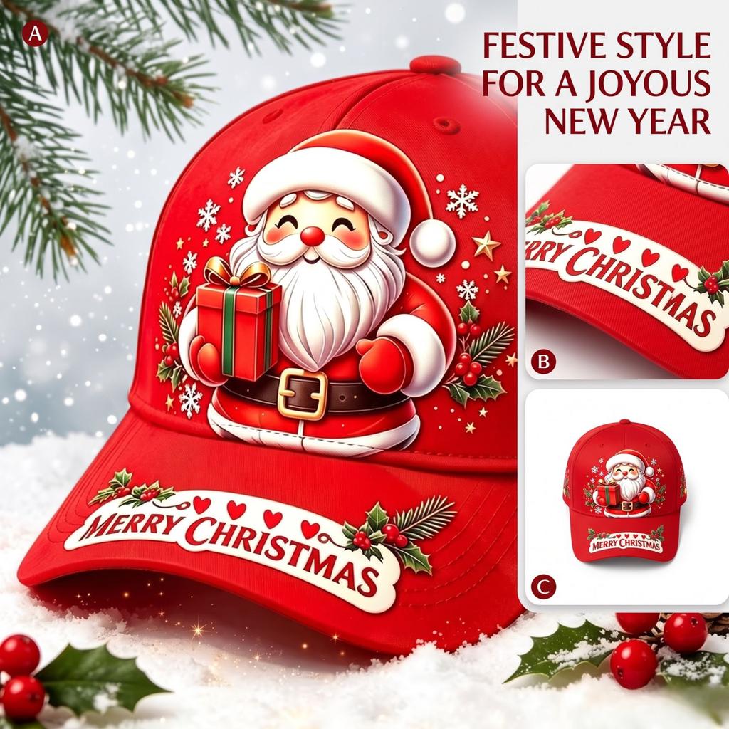 Unisex Red Christmas Digital Print Curved Baseball