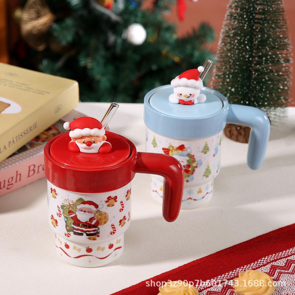 Large Capacity Straw Mug with Lid Christmas Gift Cartoon Ceramic Cup College Student Holiday Souvenir Creative Water Cup