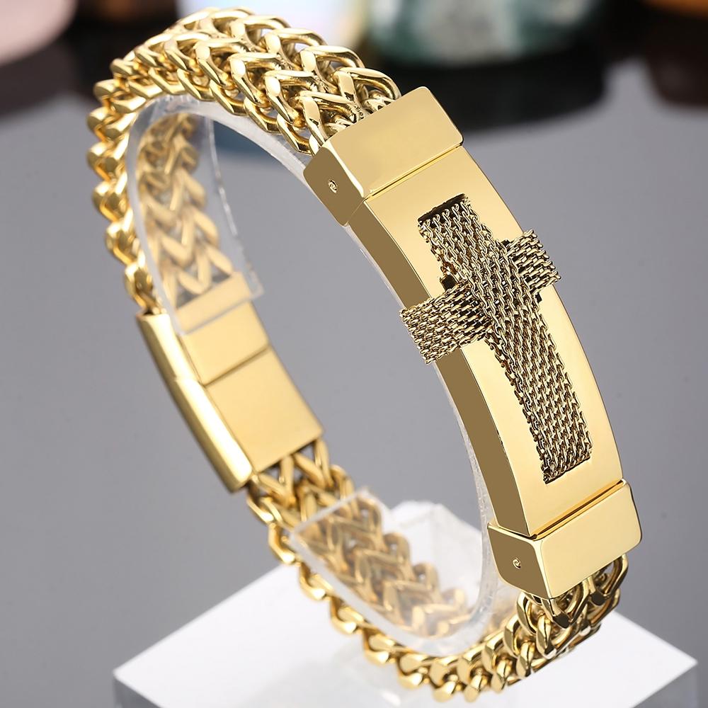 Gold Color Stainless Steel Cross Bracelets for Men Cool Men's Bracelet with Magnet Clasp Christian Male Jewelry Engraveable