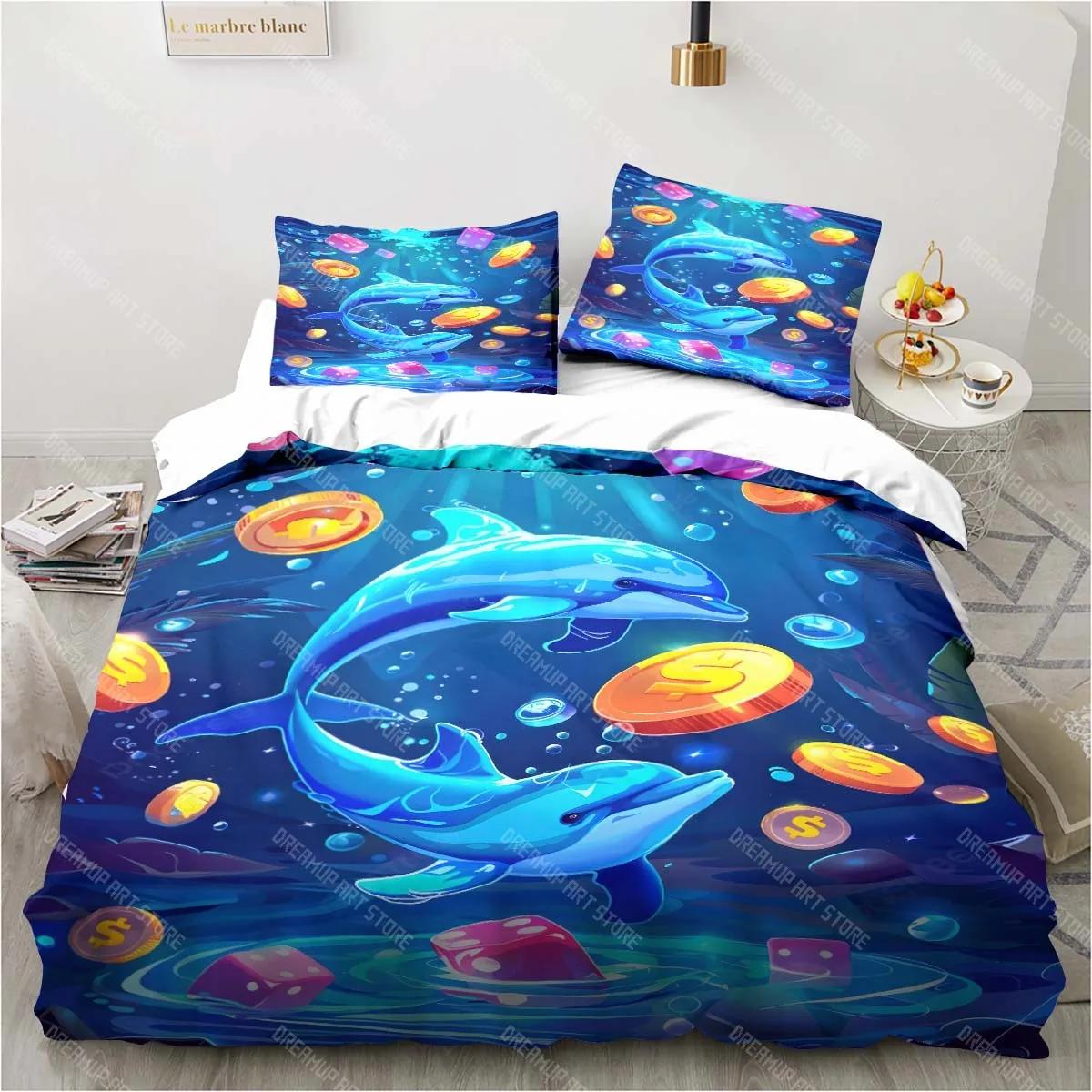 Ocean World Underwater World Dolphin Printed Bedding Set Bedroom Home Decor Bedspread Pillowcase Quilt Cover Bedding Set Luxury 140x200cm