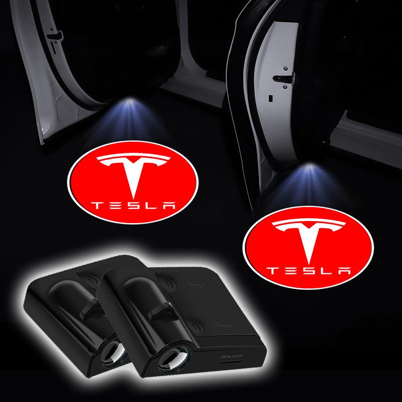 2Pcs Car Door Emblem Light LED Welcome Lamp Wireless Laser Projector For Tesla Model S Model X Model Y Cybertruck Model 3 Model Y