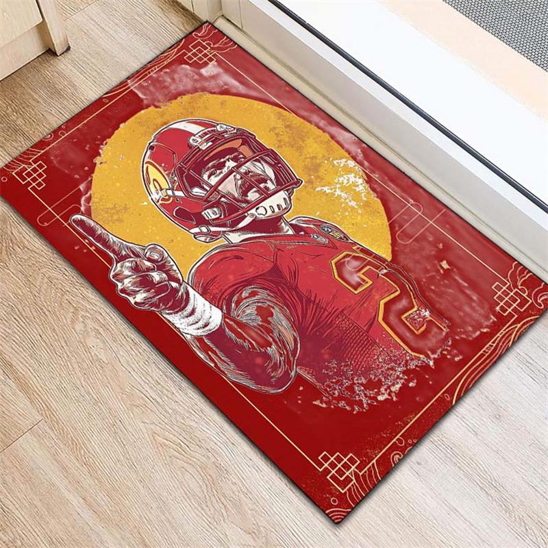 1pc Vibrant Red & Golden Football Helmet Player Design Area Rug - Non-Slip, Polyester, Perfect for Living Room & Office
