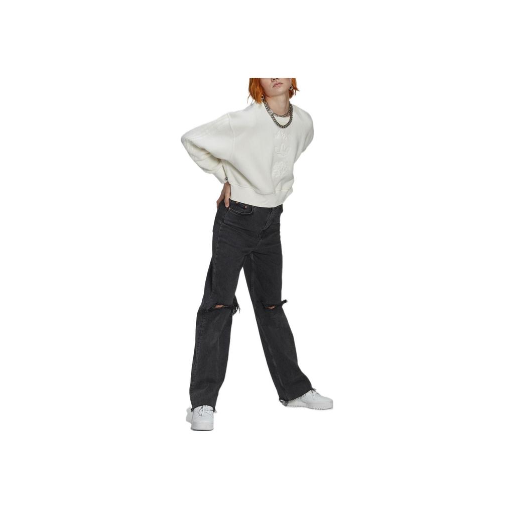 Adidas Originals Trefoil Solid Floral Logo Embroidered Crew Neck Sweatshirt Women Tops White HM1608