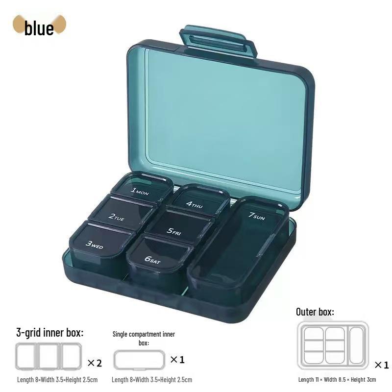 Compact 7-Grid Medicine Box: Sealed Weekly Travel Pill Organizer with 3-Grid Mini Compartment синий