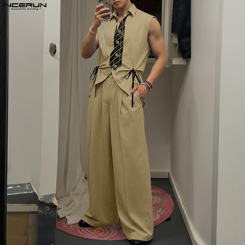 INCERUN Men Outfits Sleeveless Print Drawstring Hem Tops and Long Pants Casual Two Pieces Sets