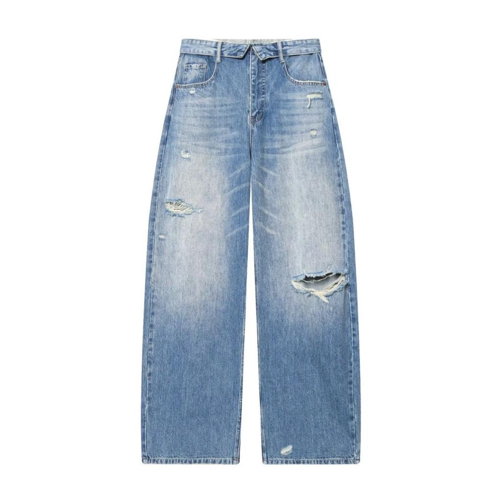 VIONA Damen Retro 90er Low Rise Weite Beine Jeans Gemütlich Hellblau Zerrissen Used Denim Hose Stylisches Mädchen Y2k Pendler Streetwear