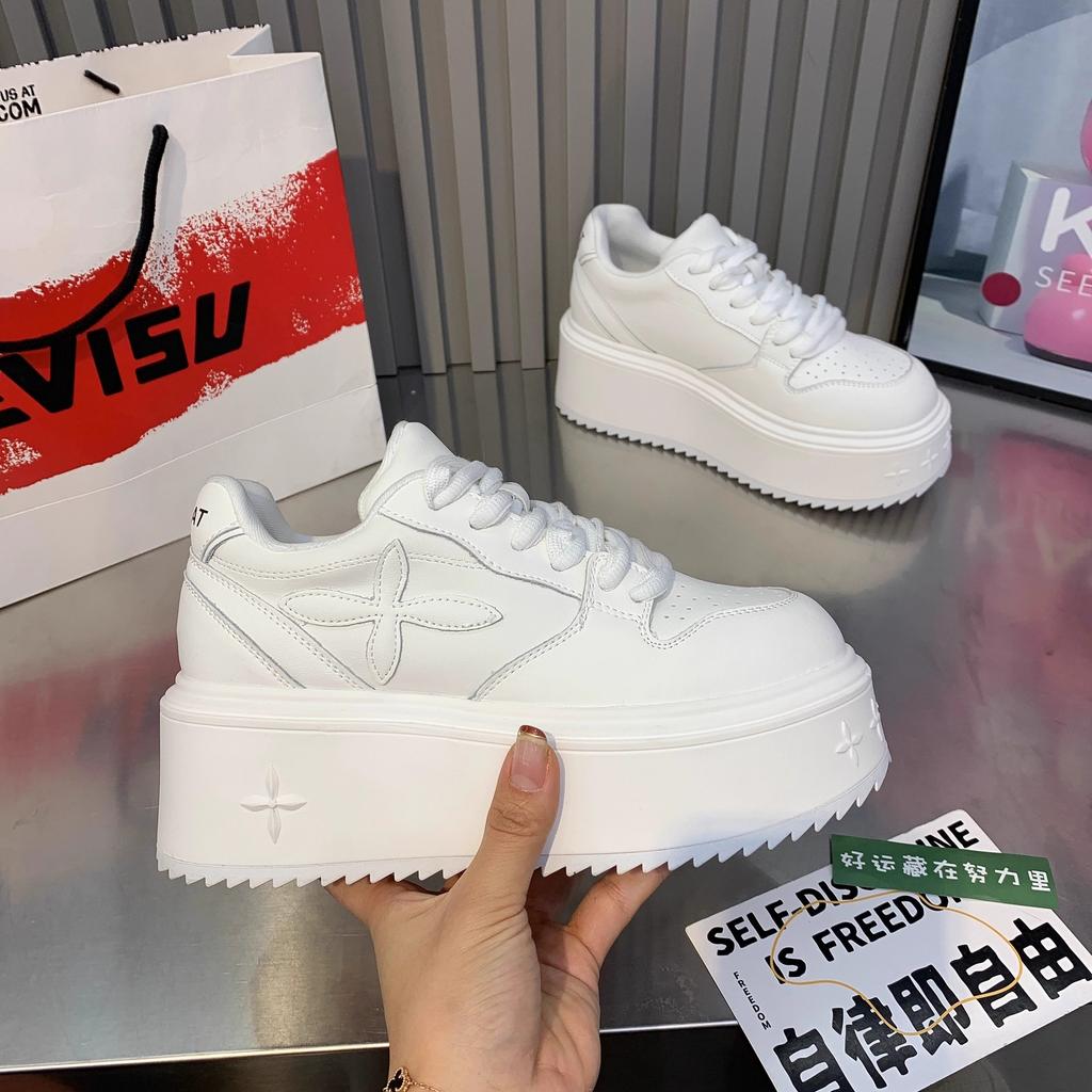 thick-soled leather little white shoes women's 2025 spring new muffin sole height-increasing sports and leisure shoes versatile lace-up board shoes
