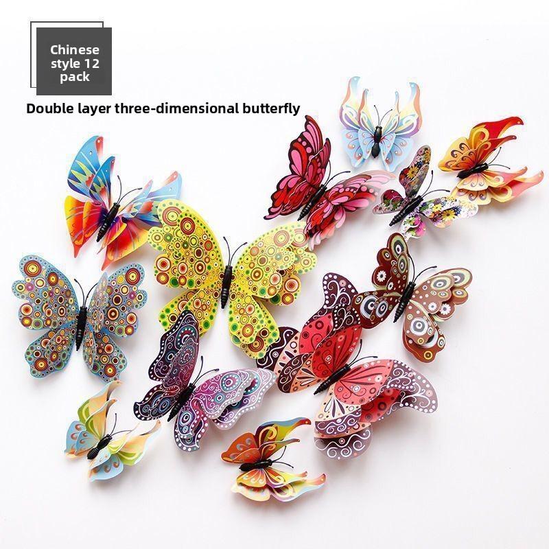 12pcs DIY Wall Art Magnet Stickers 3D Double Layer Butterflies Wall Stickers Living Room Decor Wedding Kids Room Decoration