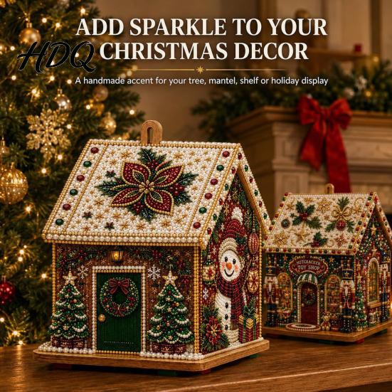 DIY Weihnachtsornament-Set 3D-Haus Kunst-Set mit Kunstperlen Handgemaltes Strassstein-Malerei Hüttenmontage für Erwachsene Tisch-Weihnachtsbaum Aufhängbar Perlenbesetzt