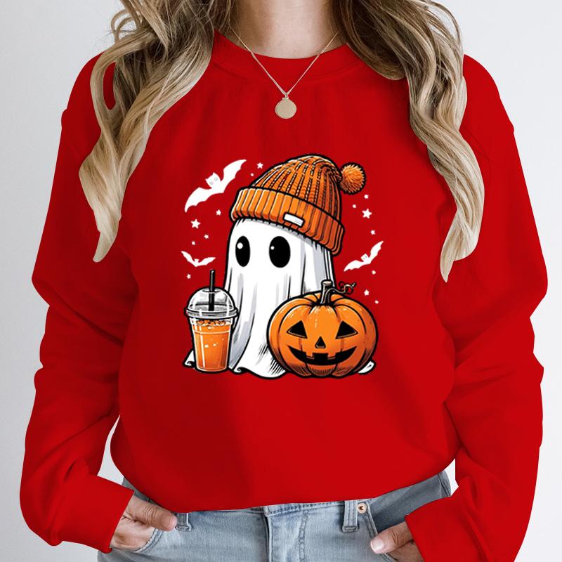 Women Fashion Creative Halloween Ghost Pumpkin Bat Print Pullovers Ladies Long Sleeves Halloween Hoodeless Sweatshirts