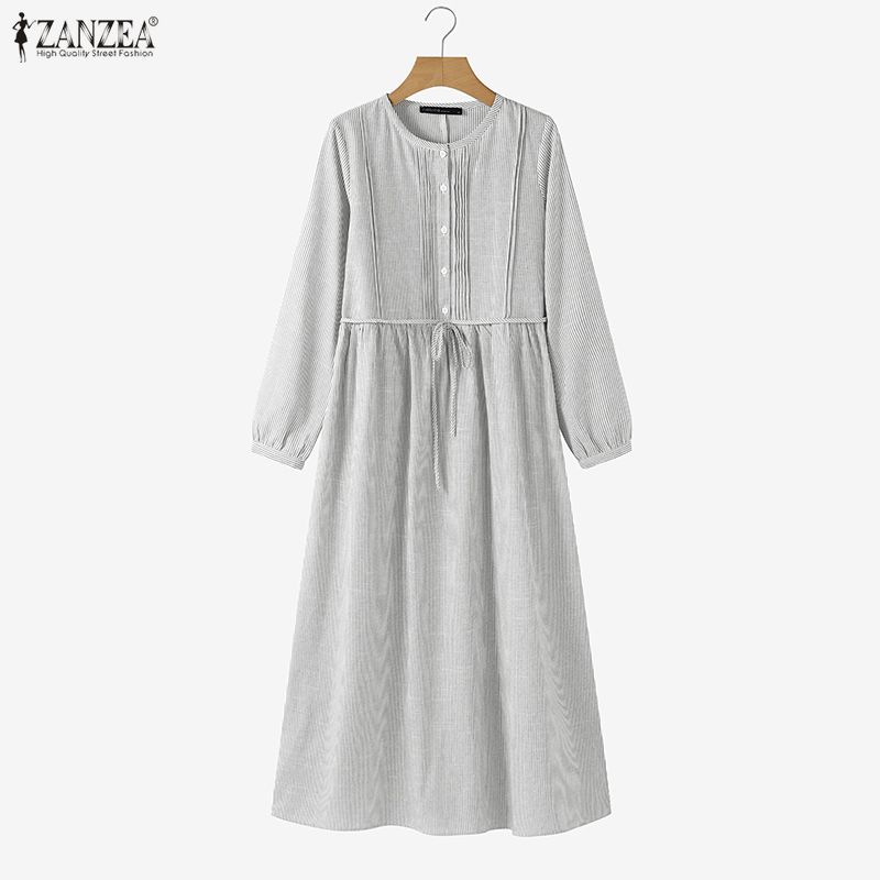 ZANZEA Women Casual Round Neck Loose Long Sleeve Stripe Dress