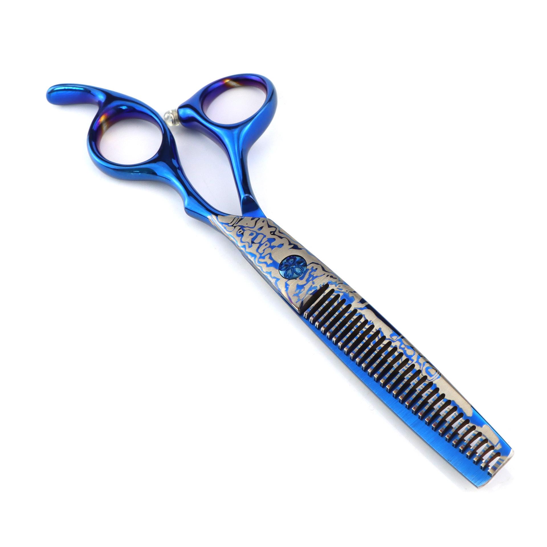 6.0 Blue Damascus Hairdressing & Barber Serrated Scissors with Thinning Shears