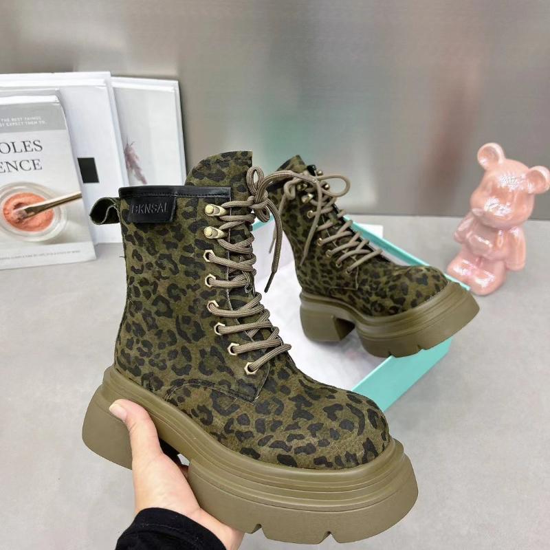 Stiefel Frau Trend Motorrad Leopardenmuster Damenstiefel Neu High-End Beliebt Knöchelstiefel Dickbesohlt Komfort Damenschuhe