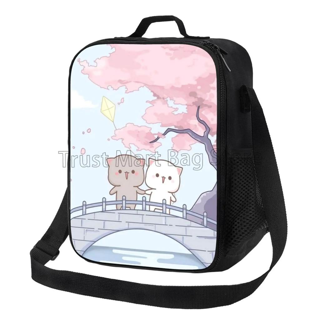 Cartoon Peach and Goma Mochi Cat Insulated Lunch Bag Resuable Leakproof Cooler Thermal Bento Bag with Adjustable Shoulder Strap