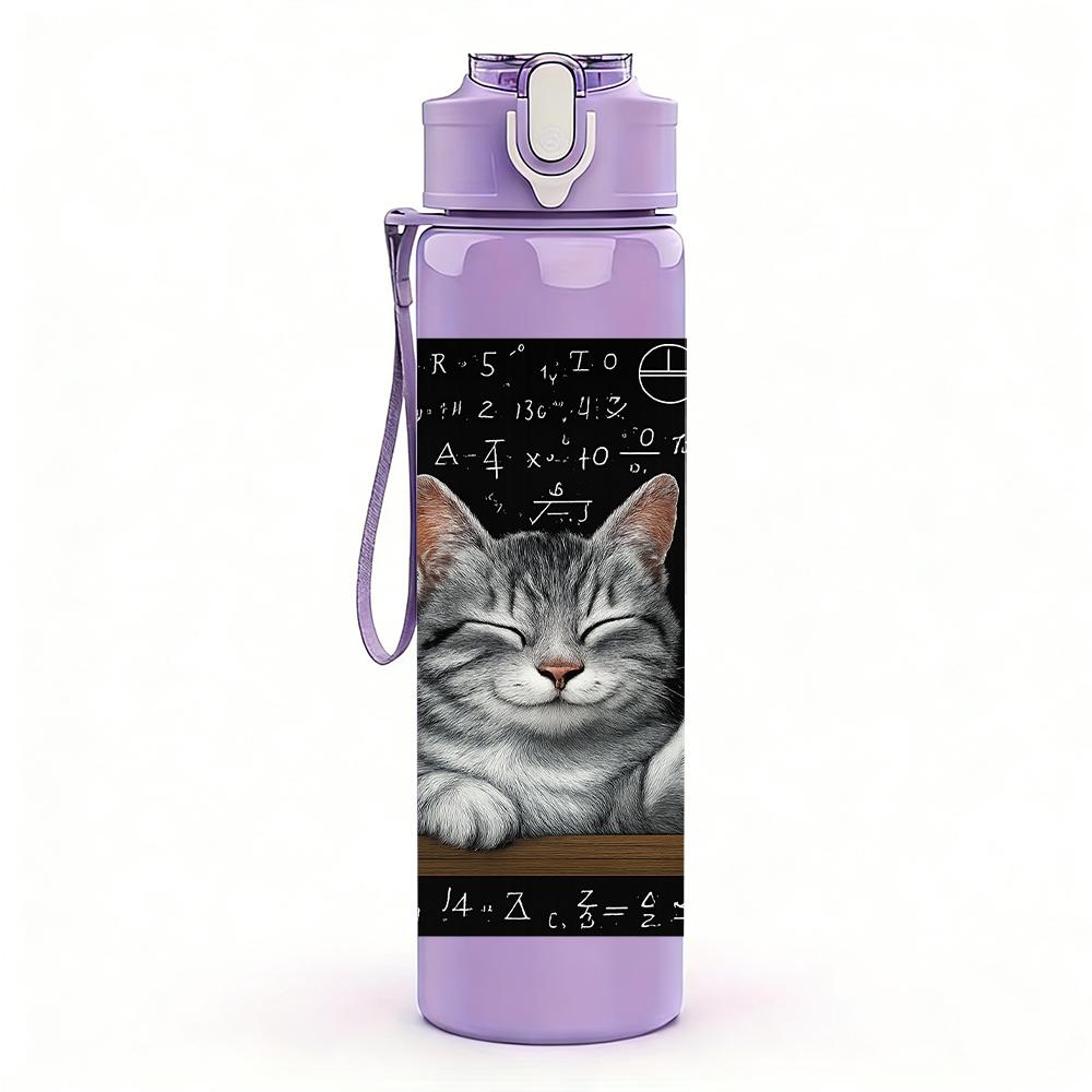 1PC Grey Cat Blackboard Scene 750ml Color Plastic Sports Water Bottle Leakproof Flip Straw Lid For Sports Office Home Use